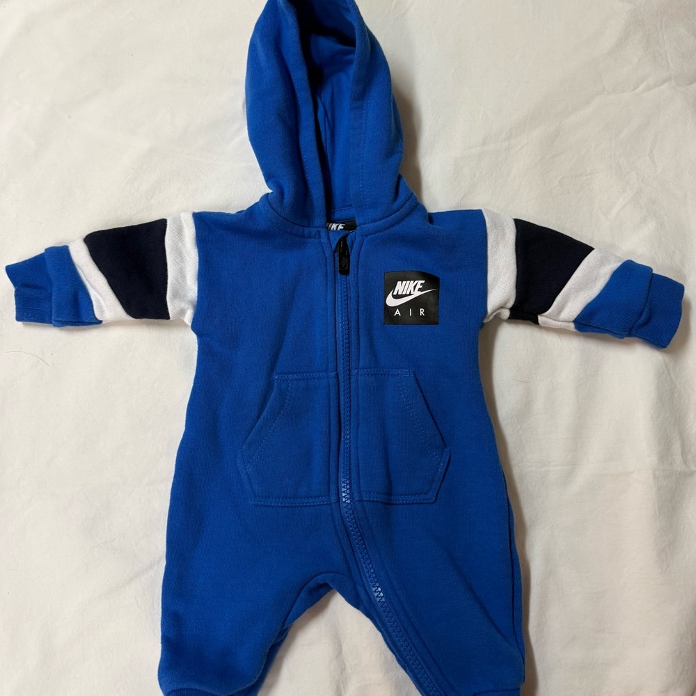 Nike Blue Hooded Newborn One-Piece with Navy and White Sleeve Panels
